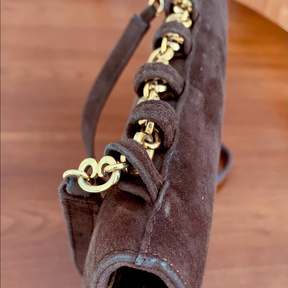 Cocoa Brown color real suede leather shoulder bag clutch purse gold metal accent - Picture 3 of 5